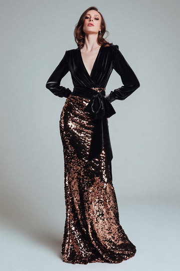 Robe longue formelle à paillettes noires et café scintillantes avec ceinture